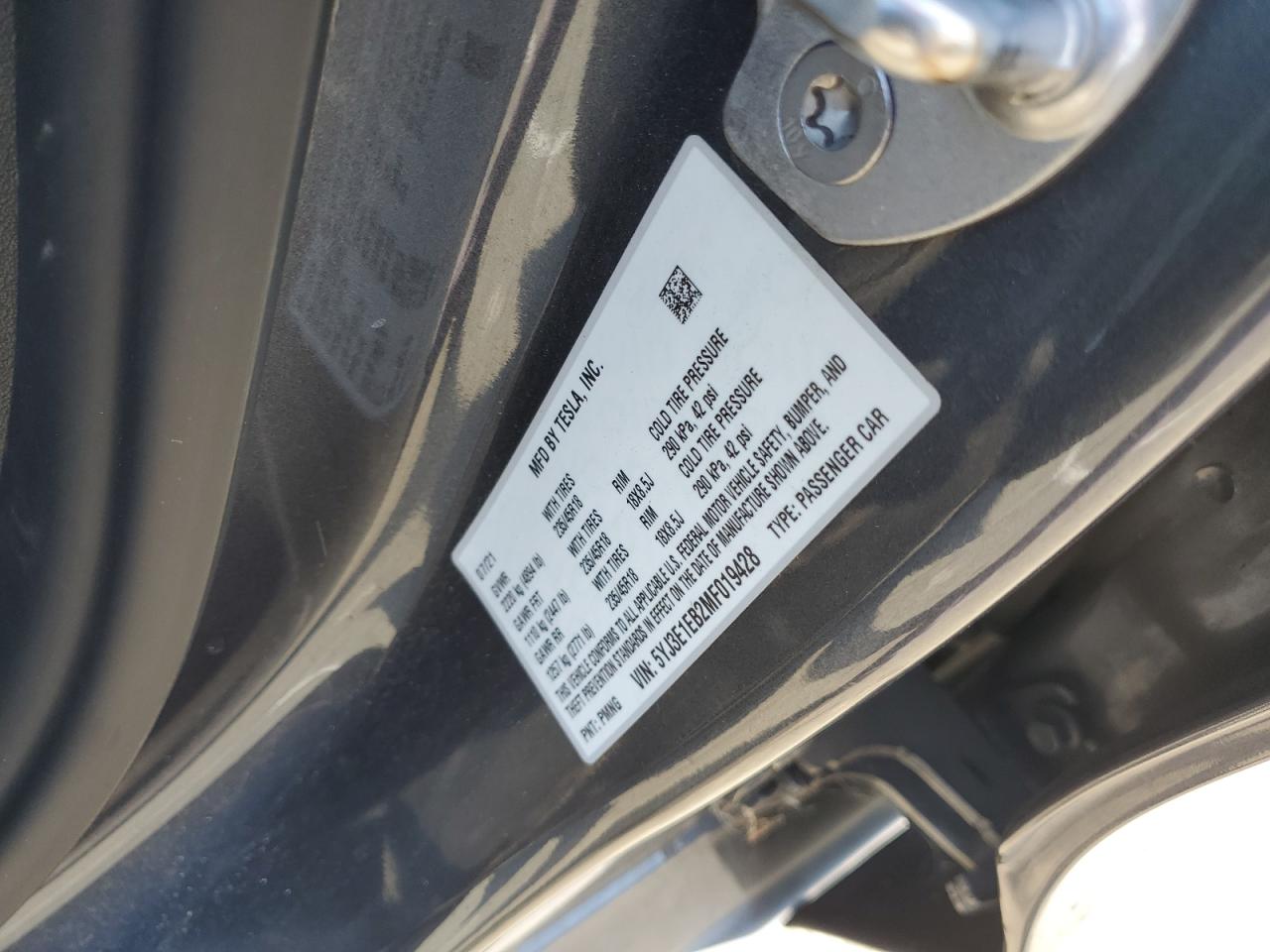 2021 Tesla Model 3 VIN: 5YJ3E1EB2MF019428 Lot: 70606395
