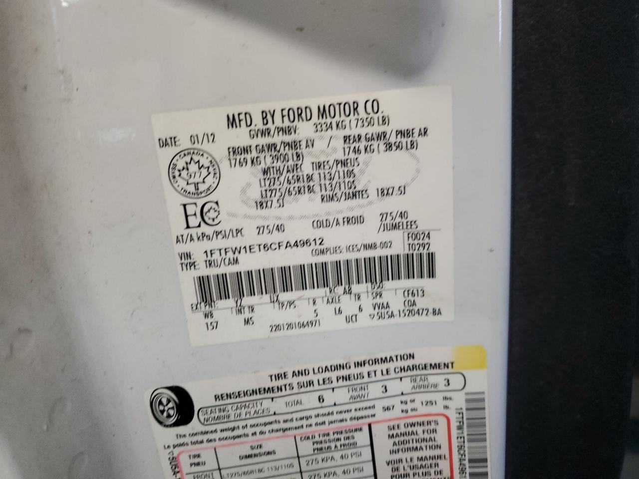 2012 Ford F150 Supercrew VIN: 1FTFW1ET6CFA49612 Lot: 70463645