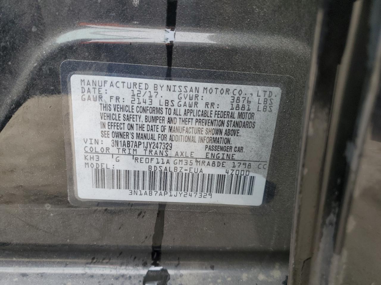 2018 Nissan Sentra S VIN: 3N1AB7AP1JY247329 Lot: 68917855