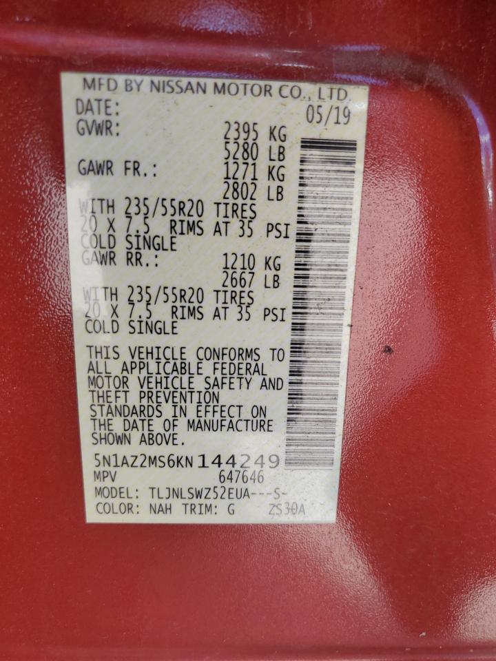 2019 Nissan Murano S VIN: 5N1AZ2MS6KN144249 Lot: 70073715