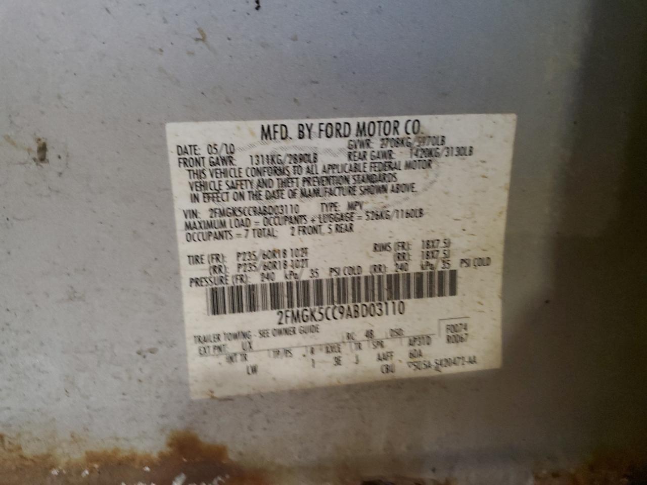 2010 Ford Flex Sel VIN: 2FMGK5CC9ABD03110 Lot: 66841305
