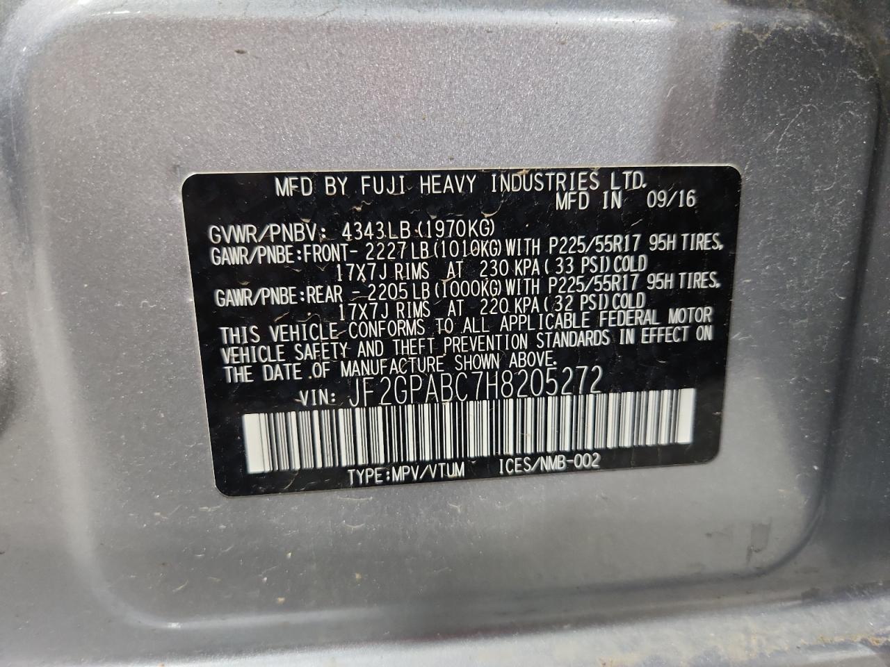 2017 Subaru Crosstrek Premium VIN: JF2GPABC7H8205272 Lot: 70317235