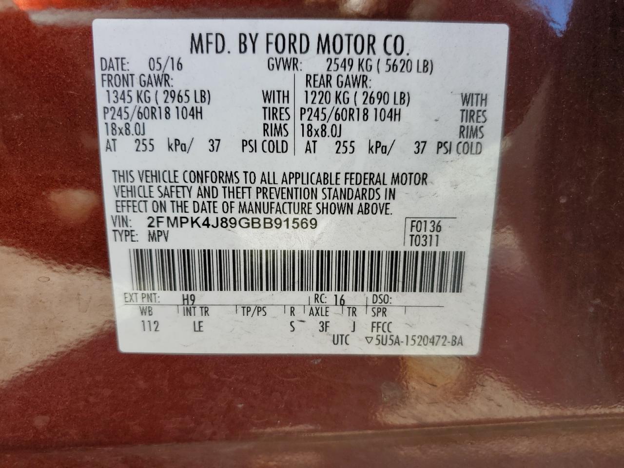 2016 Ford Edge Sel VIN: 2FMPK4J89GBB91569 Lot: 70632595