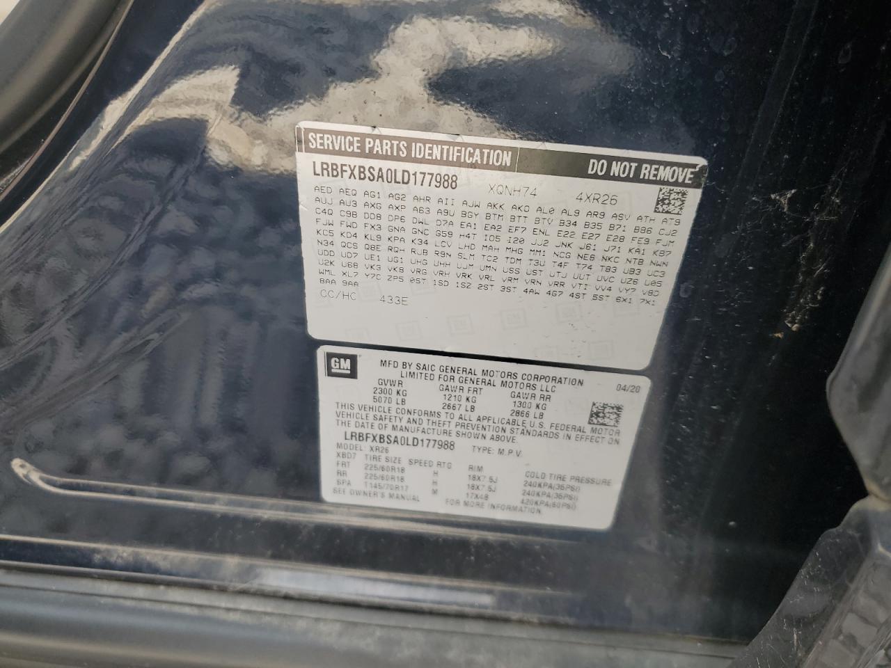 2020 Buick Envision Preferred VIN: LRBFXBSA0LD177988 Lot: 68967625