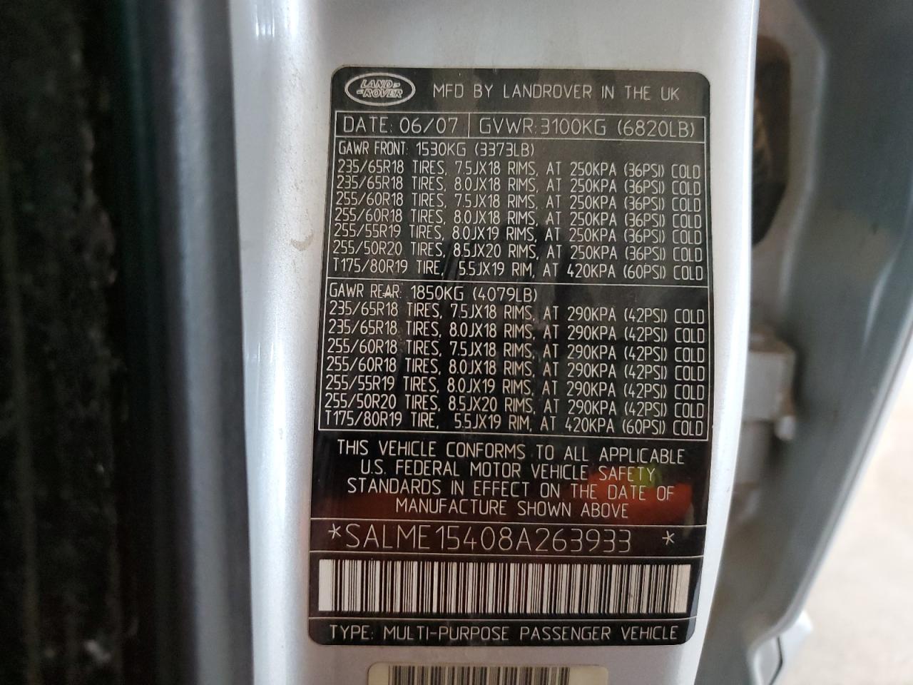 2008 Land Rover Range Rover Hse VIN: SALME15408A263933 Lot: 69885695