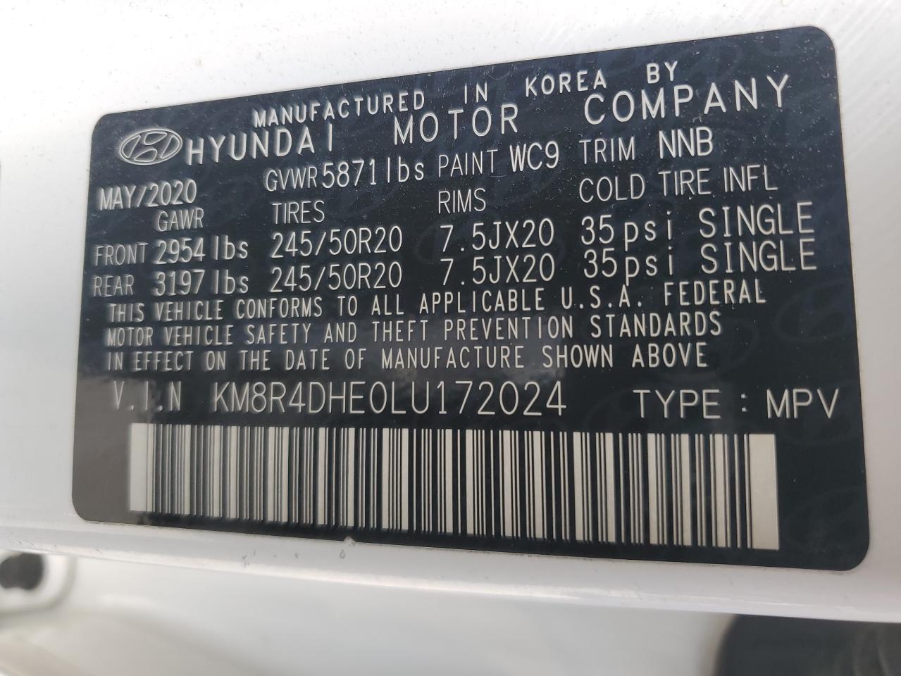 2020 Hyundai Palisade Sel VIN: KM8R4DHE0LU172024 Lot: 68169325