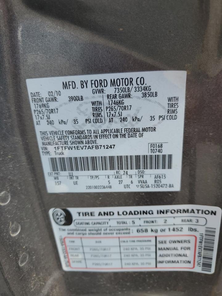 2010 Ford F150 Supercrew VIN: 1FTFW1EV7AFB71247 Lot: 66223885