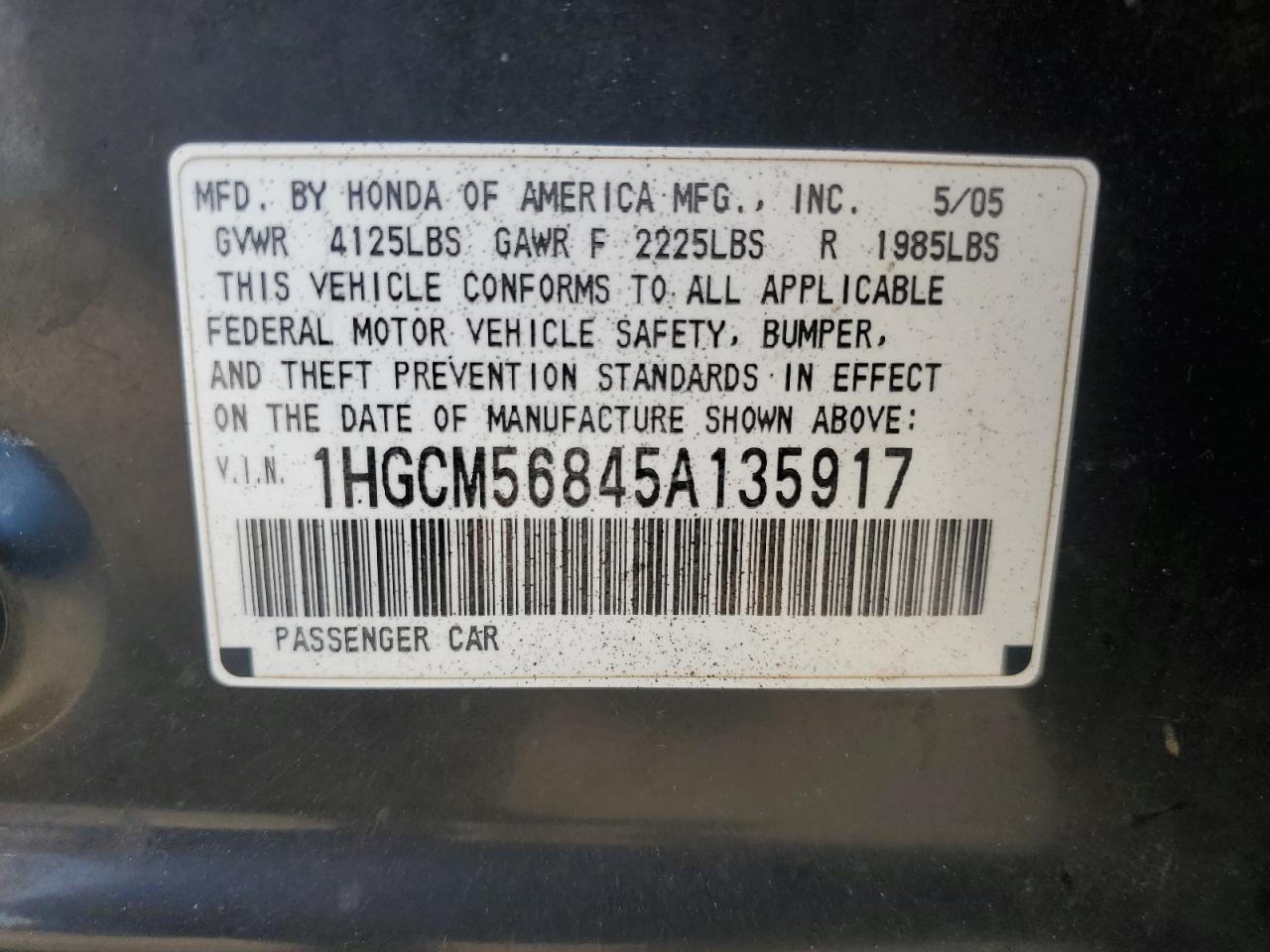 2005 Honda Accord Ex VIN: 1HGCM56845A135917 Lot: 83772055
