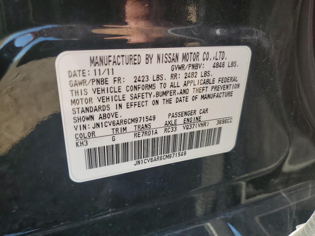 2012 Infiniti G37 VIN: JN1CV6AR6CM971549 Lot: 68653555