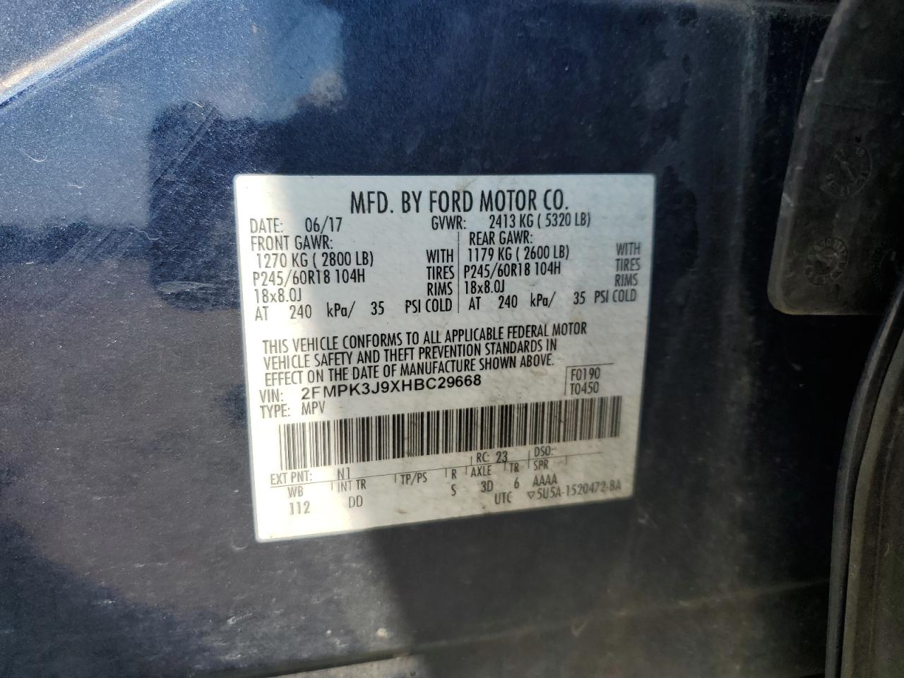 2017 Ford Edge Sel VIN: 2FMPK3J9XHBC29668 Lot: 69406165