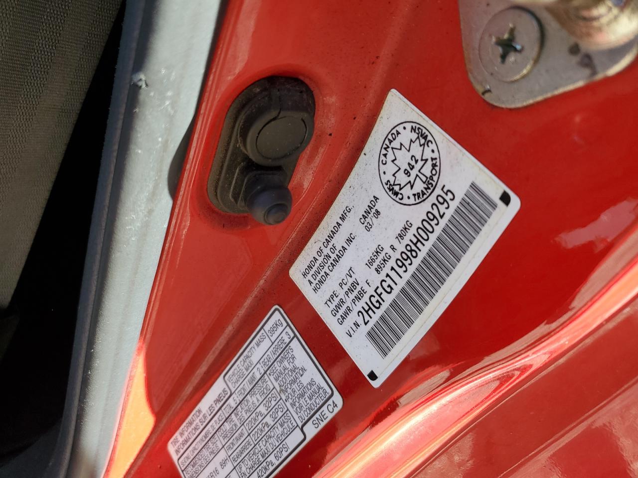 2008 Honda Civic Exl VIN: 2HGFG11998H009295 Lot: 68728595