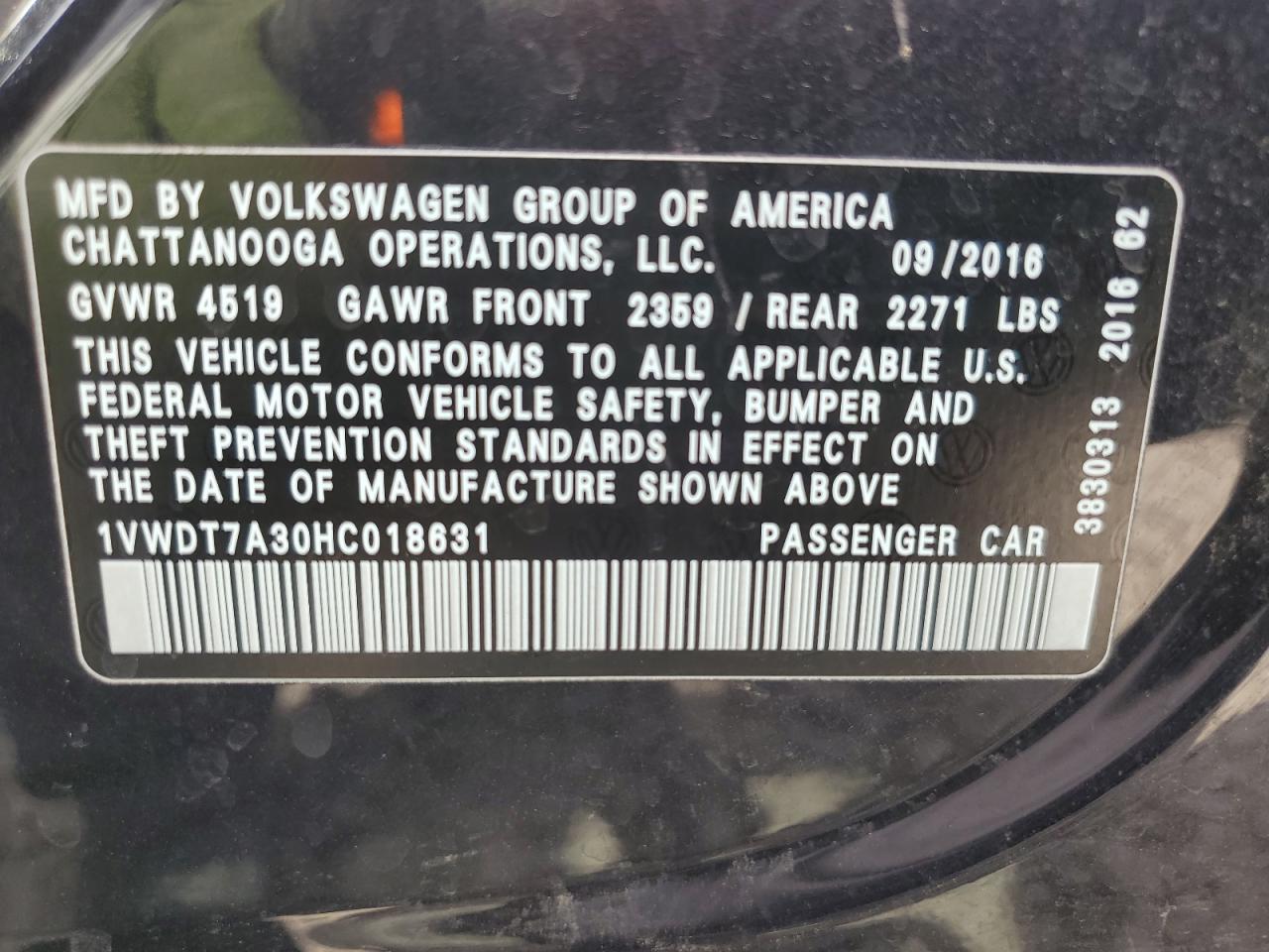 2017 Volkswagen Passat R-Line VIN: 1VWDT7A30HC018631 Lot: 69856335