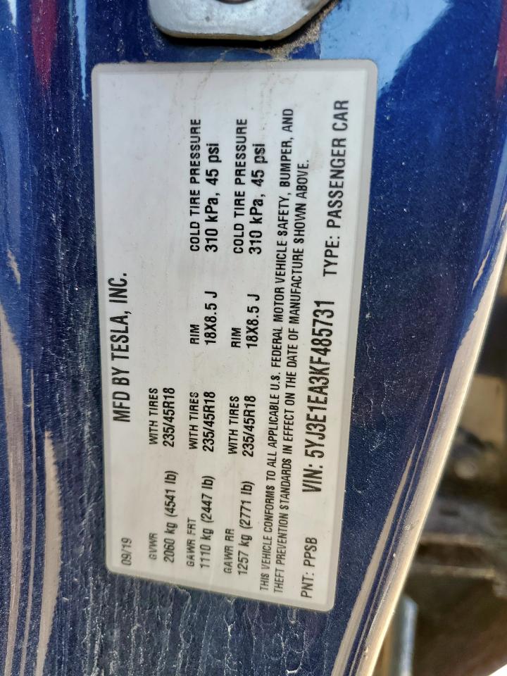2019 Tesla Model 3 VIN: 5YJ3E1EA3KF485731 Lot: 68911935