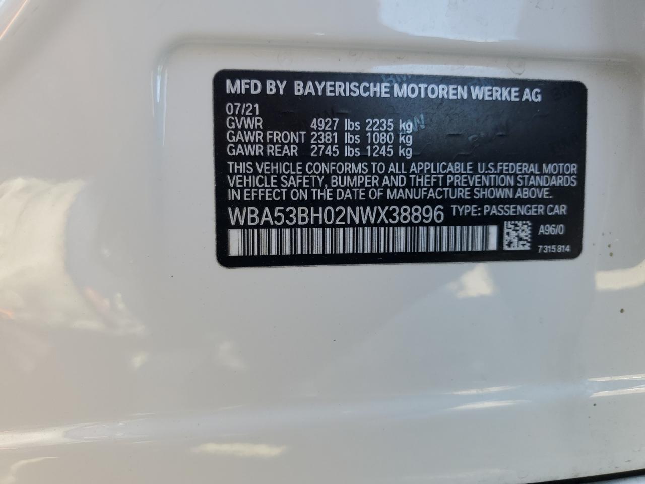 2022 BMW 530 I VIN: WBA53BH02NWX38896 Lot: 70303165