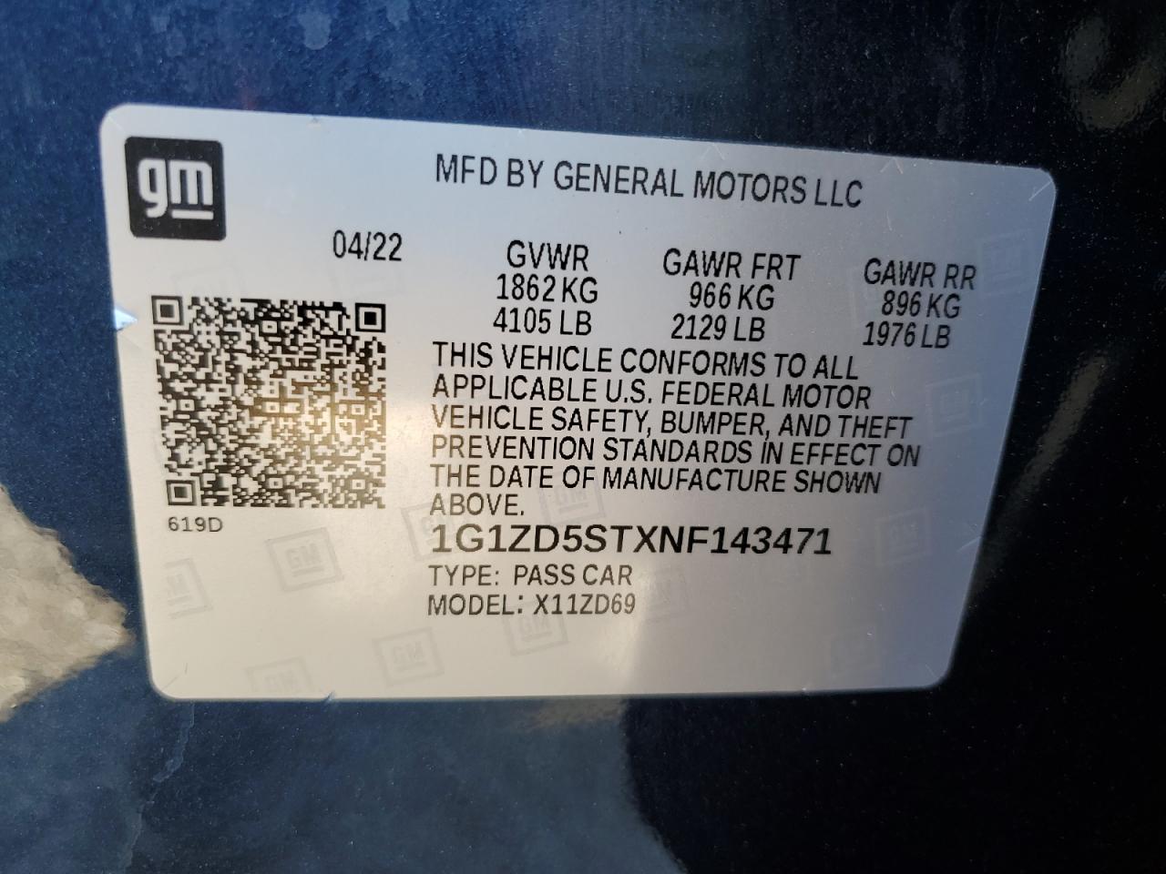 2022 Chevrolet Malibu Lt VIN: 1G1ZD5STXNF143471 Lot: 67862275
