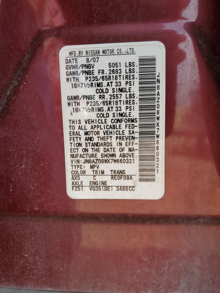 2007 Nissan Murano Sl VIN: JN8AZ08WX7W660321 Lot: 68362605