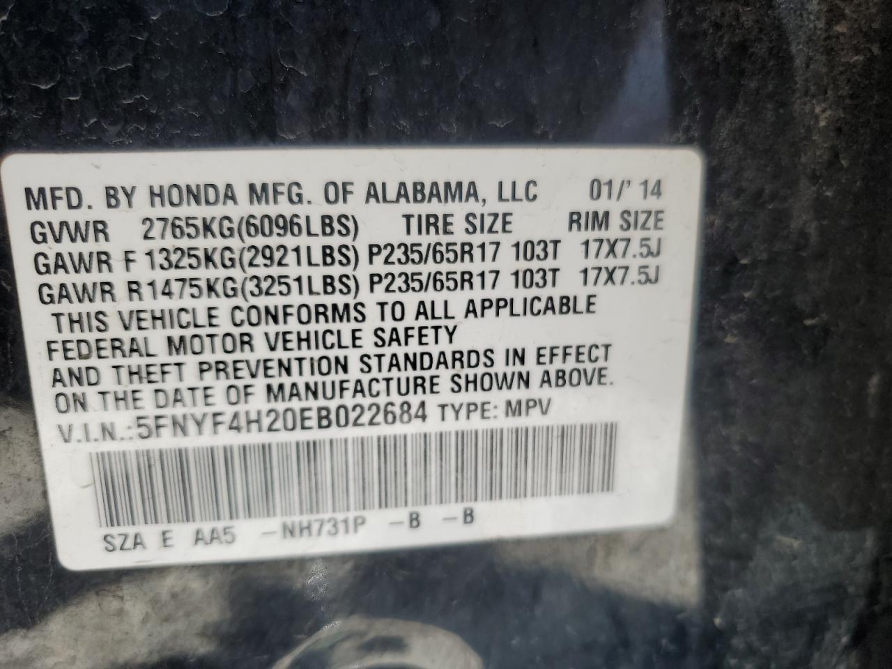 2014 Honda Pilot Lx VIN: 5FNYF4H20EB022684 Lot: 68908625