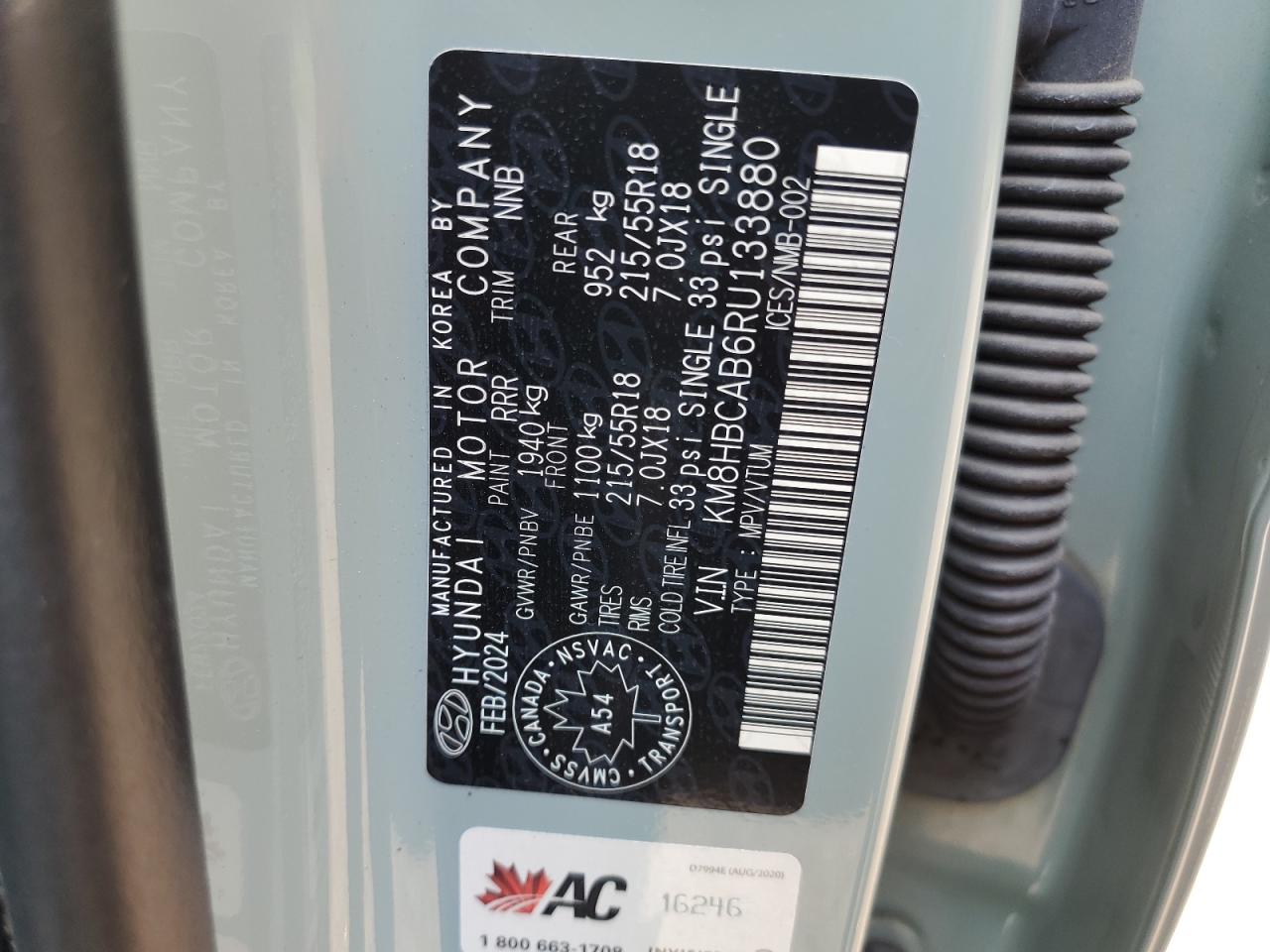 2024 Hyundai Kona Sel VIN: KM8HBCAB6RU133880 Lot: 66598205