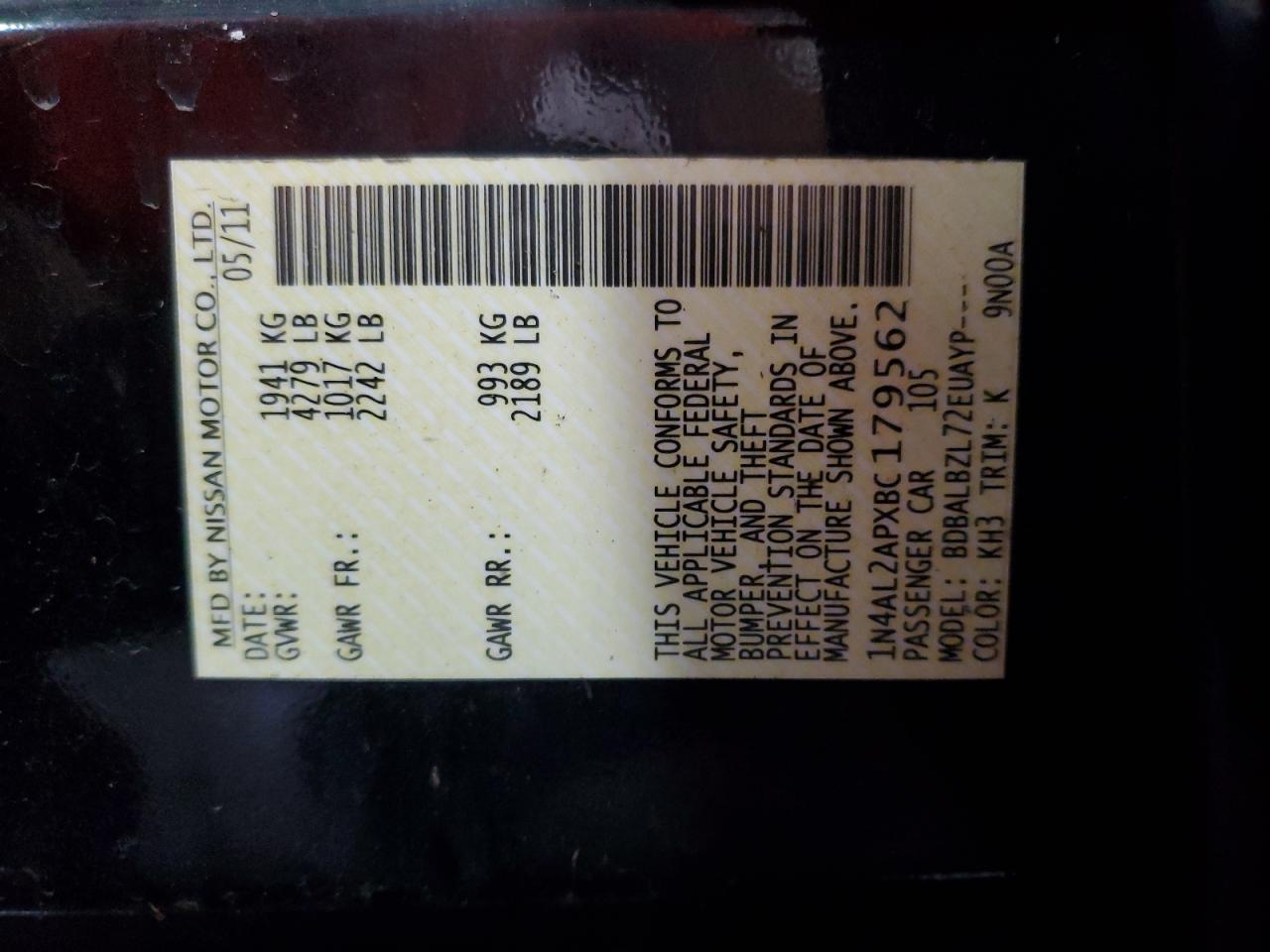 2011 Nissan Altima Base VIN: 1N4AL2APXBC179562 Lot: 68095715