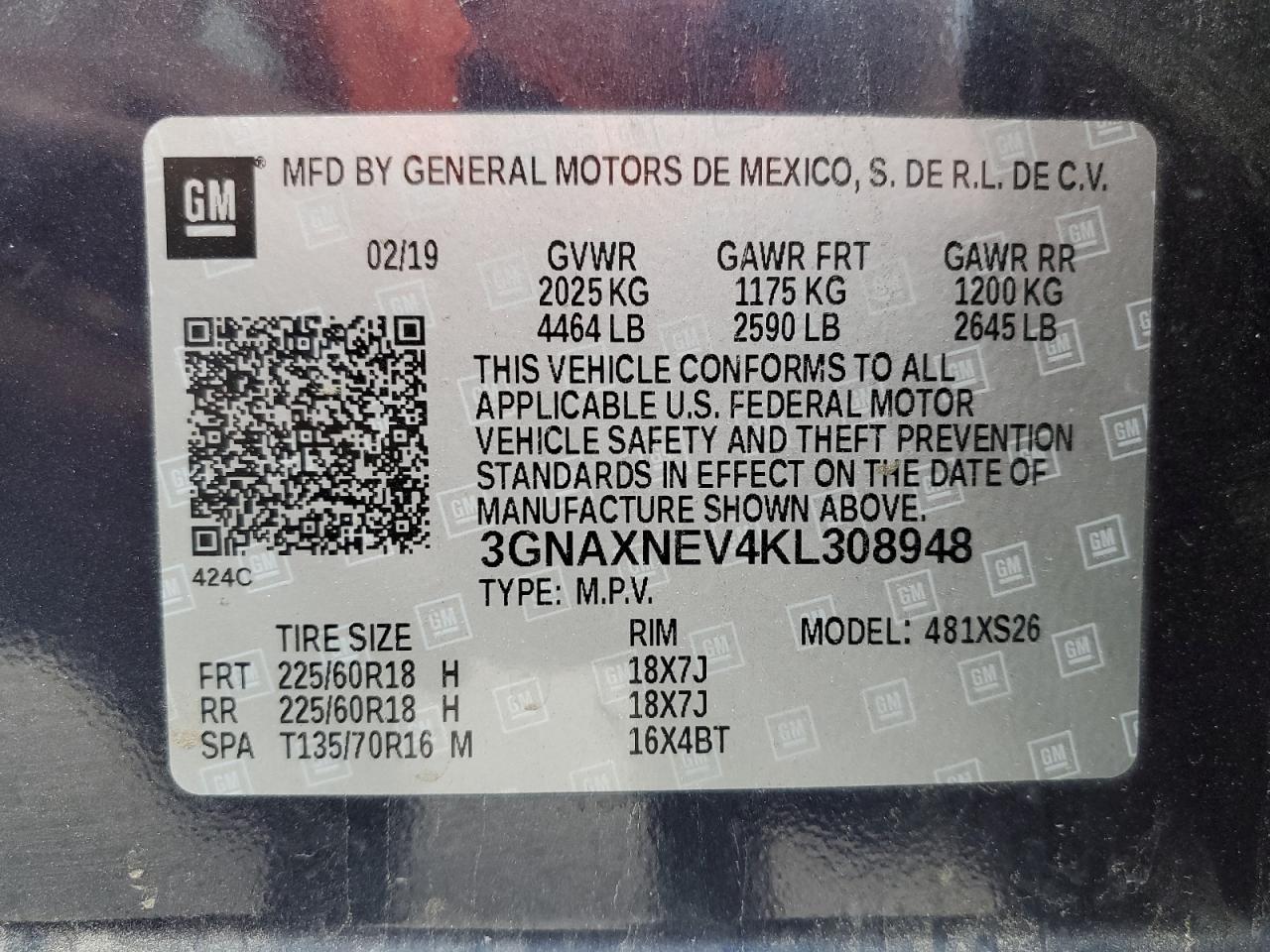 2019 Chevrolet Equinox Premier VIN: 3GNAXNEV4KL308948 Lot: 69116065