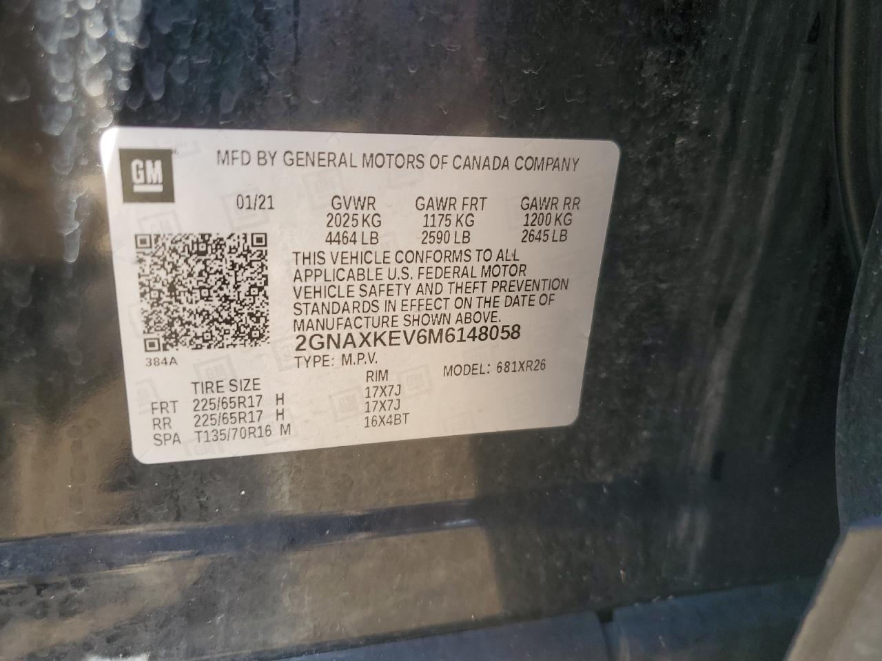 2021 Chevrolet Equinox Lt VIN: 2GNAXKEV6M6148058 Lot: 68721455