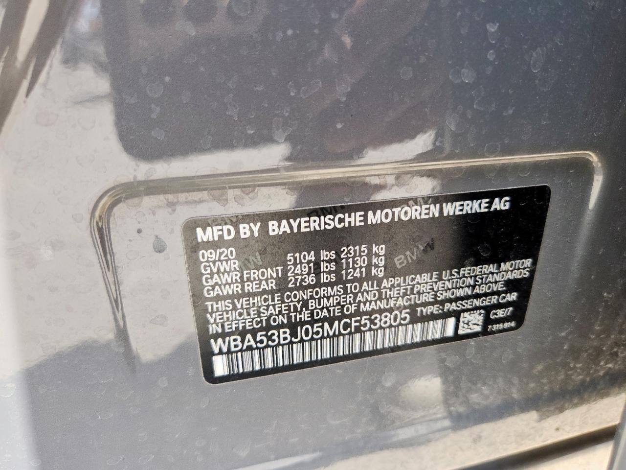 2021 BMW 540 I VIN: WBA53BJ05MCF53805 Lot: 67996715