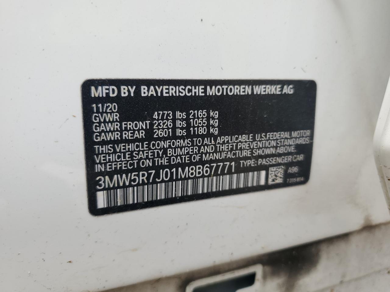 2021 BMW 330Xi VIN: 3MW5R7J01M8B67771 Lot: 66196905