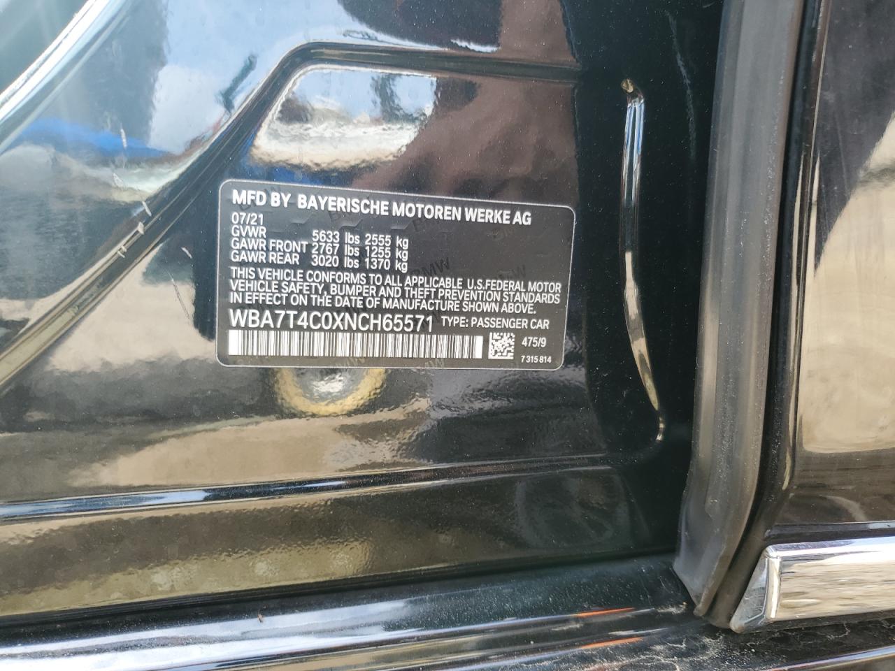 2022 BMW 740 Xi VIN: WBA7T4C0XNCH65571 Lot: 70451075