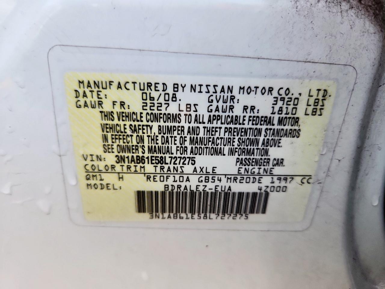 2008 Nissan Sentra 2.0 VIN: 3N1AB61E58L727275 Lot: 67390975