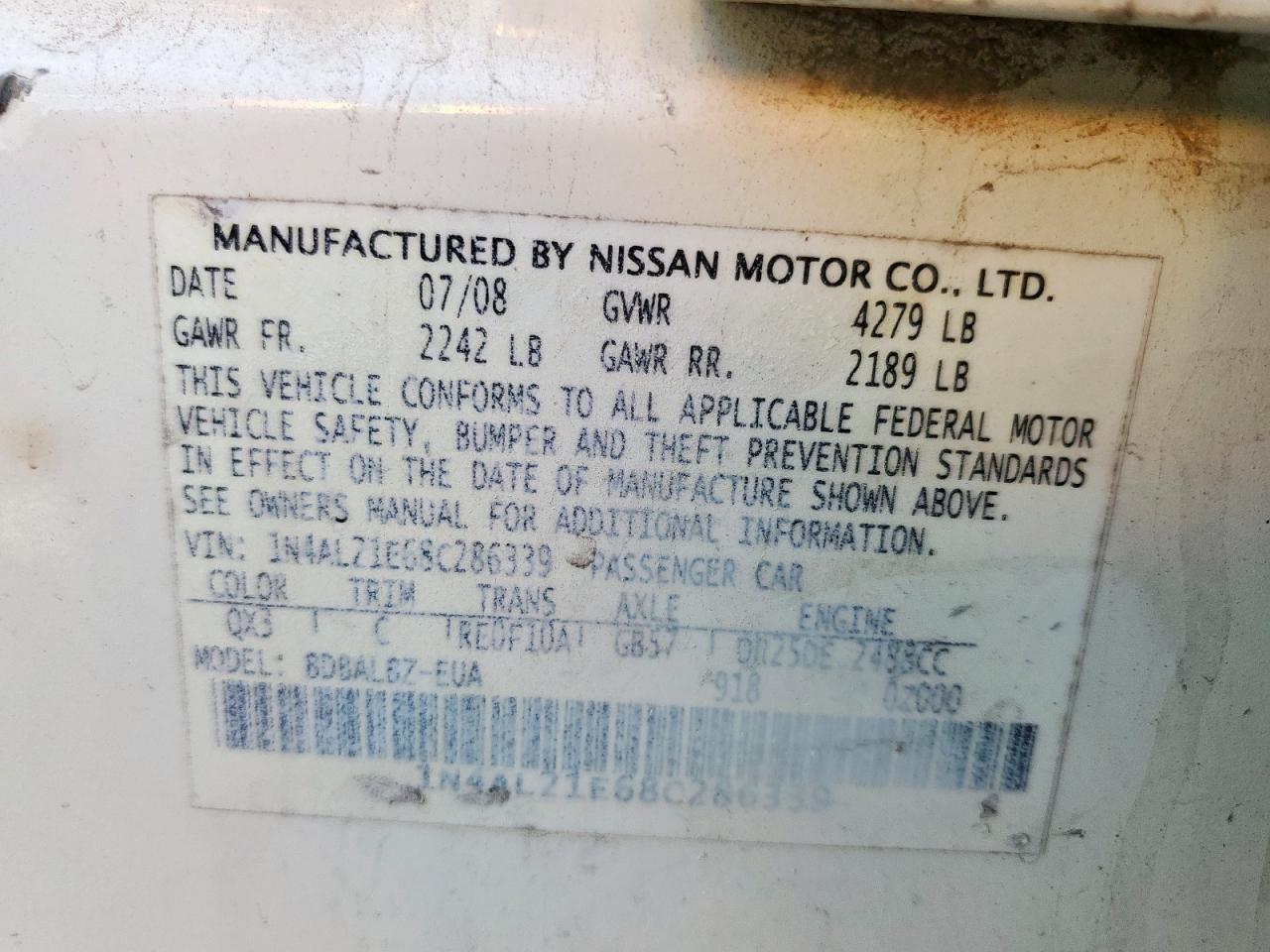 2008 Nissan Altima 2.5 VIN: 1N4AL21E68C286339 Lot: 69220715