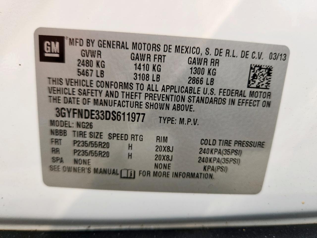 2013 Cadillac Srx Performance Collection VIN: 3GYFNDE33DS611977 Lot: 69738025