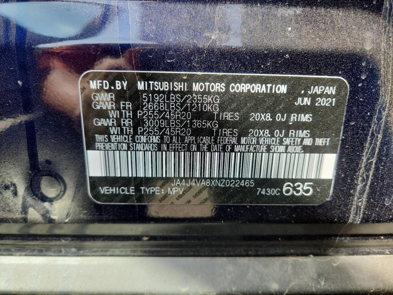 2022 Mitsubishi Outlander Sel VIN: JA4J4VA8XNZ022465 Lot: 70841885