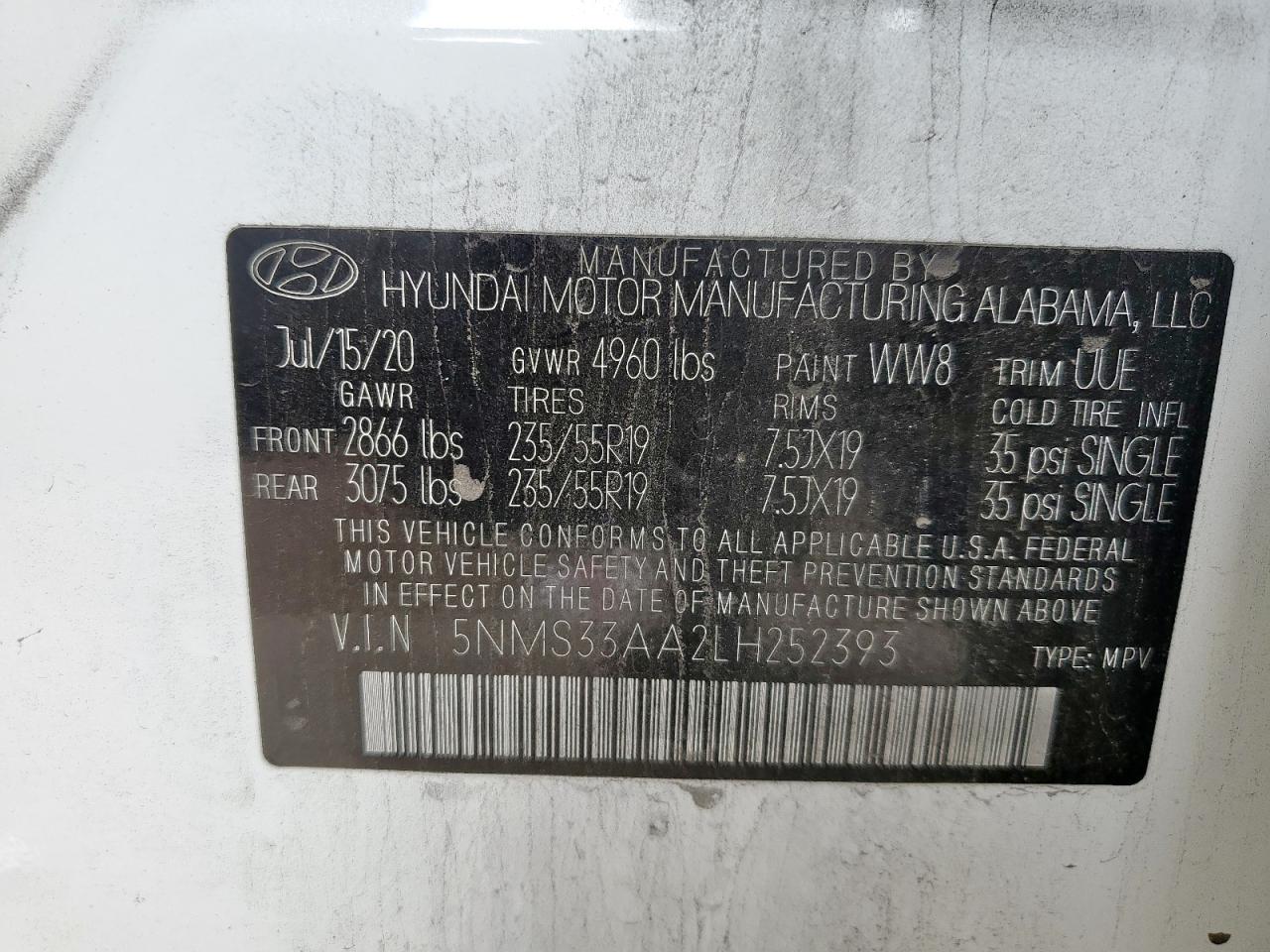 2020 Hyundai Santa Fe Sel VIN: 5NMS33AA2LH252393 Lot: 68031795