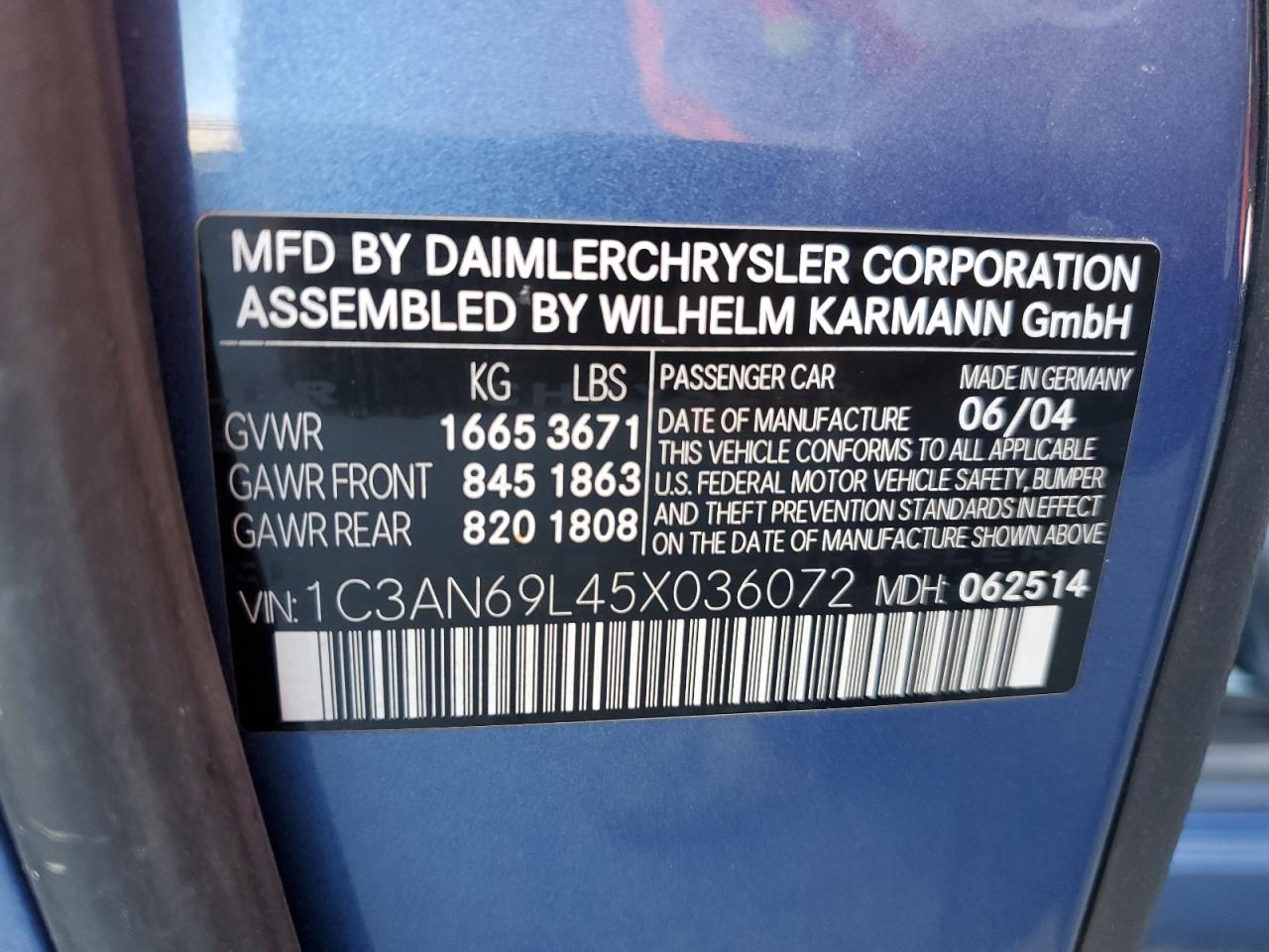 2005 Chrysler Crossfire Limited VIN: 1C3AN69L45X036072 Lot: 68831235