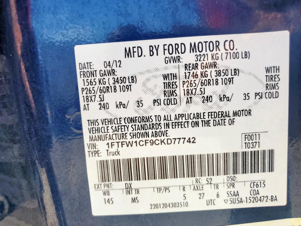 2012 Ford F150 Supercrew VIN: 1FTFW1CF9CKD77742 Lot: 70281305