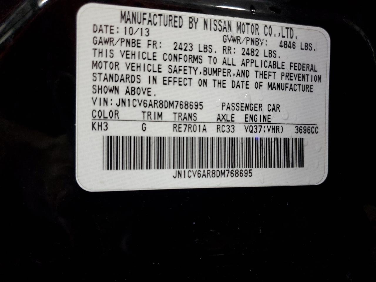 2013 Infiniti G37 VIN: JN1CV6AR8DM768695 Lot: 69393555