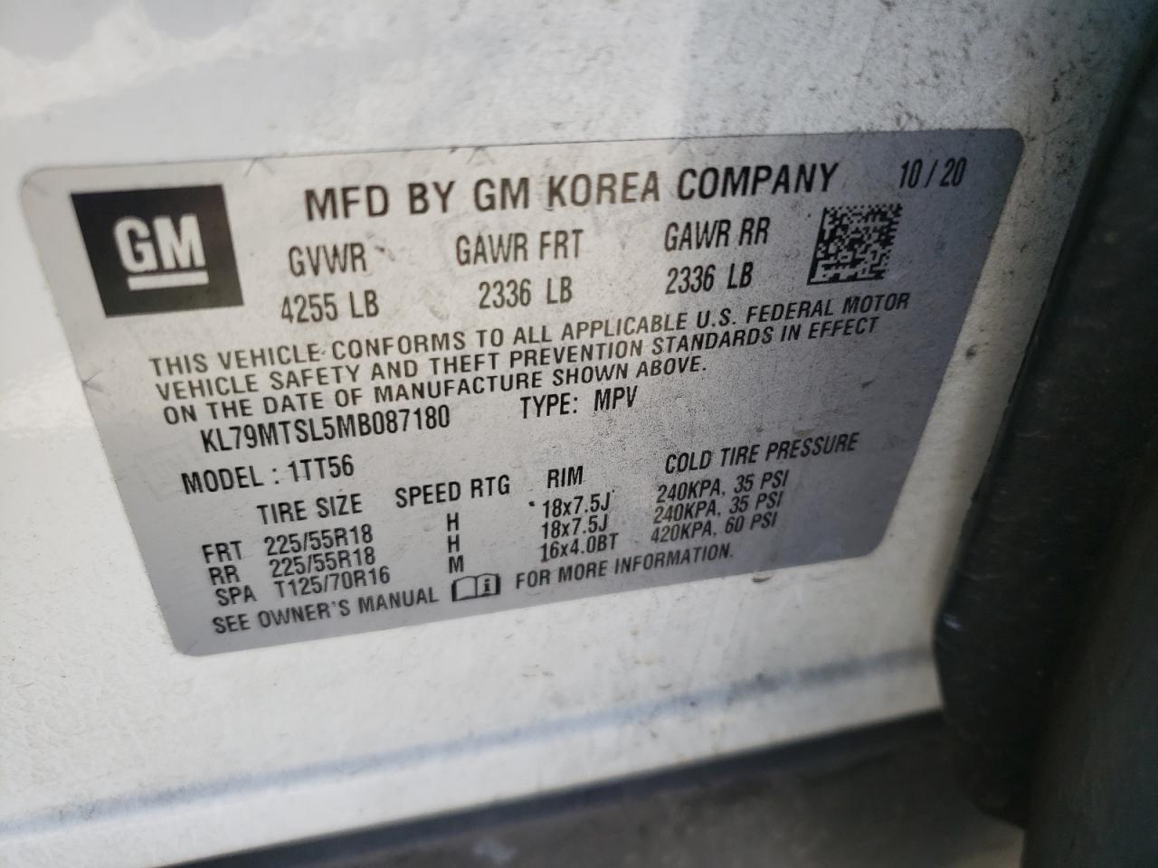 2021 Chevrolet Trailblazer Rs VIN: KL79MTSL5MB087180 Lot: 68464375