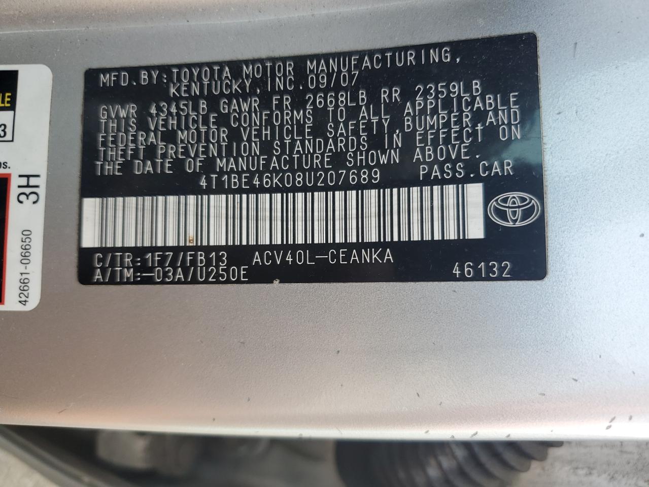 2008 Toyota Camry Ce VIN: 4T1BE46K08U207689 Lot: 67828075