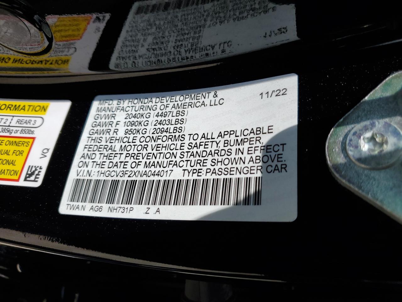 2022 Honda Accord Hybrid Sport VIN: 1HGCV3F2XNA044017 Lot: 70637805