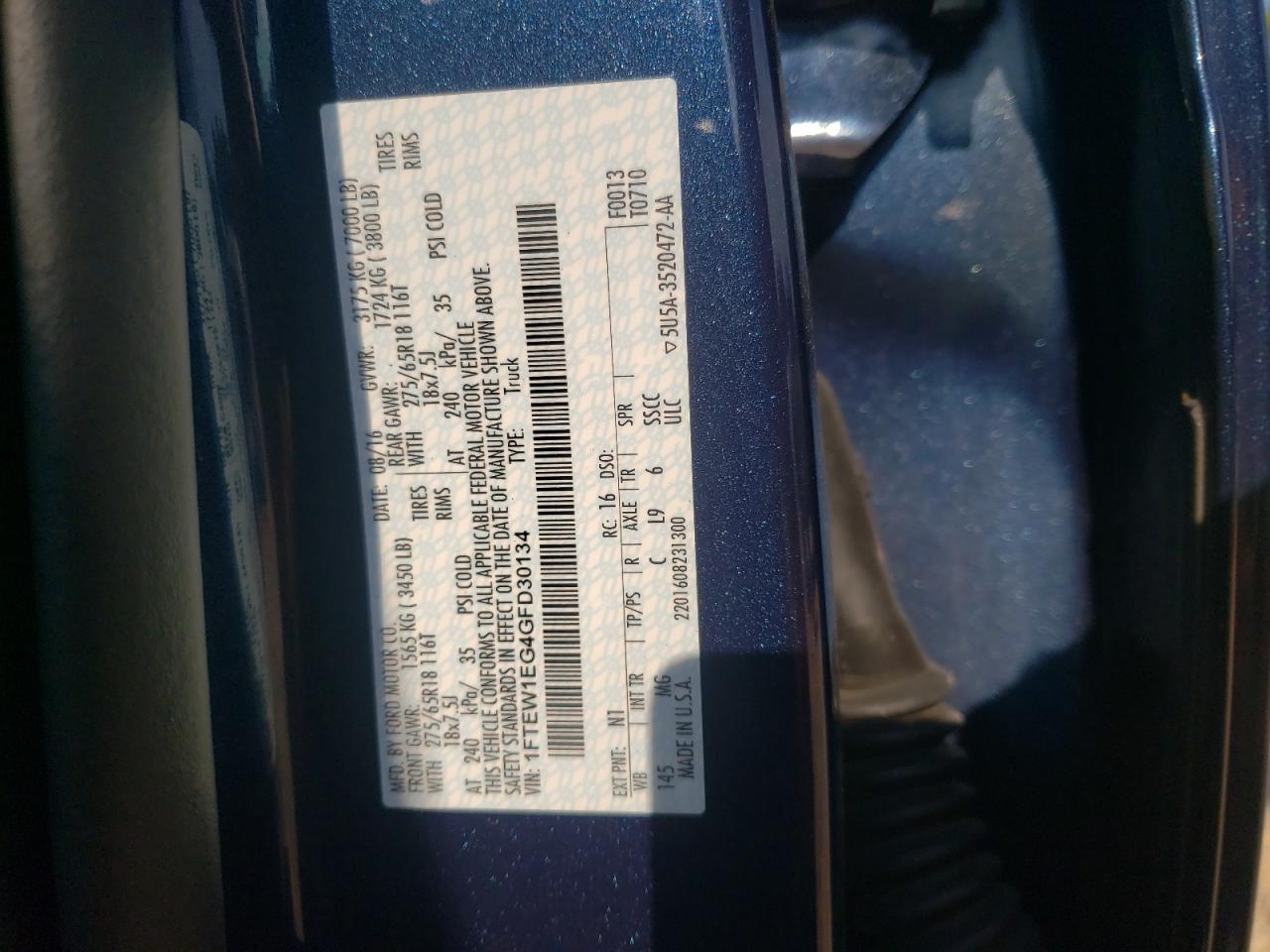 2016 Ford F150 Supercrew VIN: 1FTEW1EG4GFD30134 Lot: 70383605