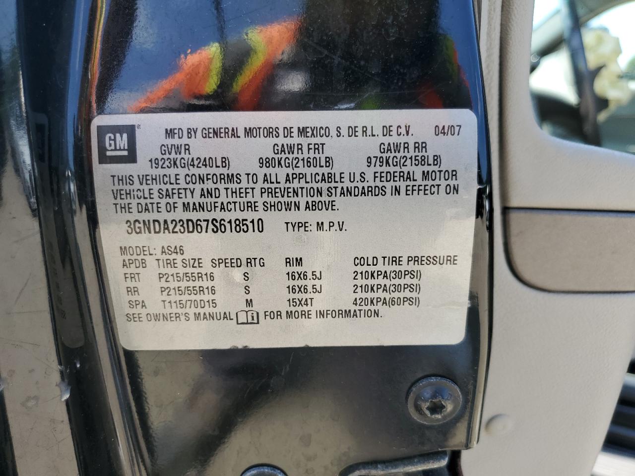 2007 Chevrolet Hhr Lt VIN: 3GNDA23D67S618510 Lot: 68926105