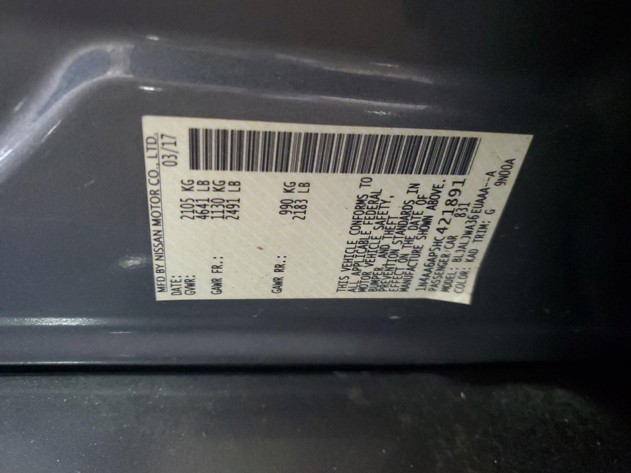 2017 Nissan Maxima 3.5S VIN: 1N4AA6AP5HC421891 Lot: 70108365