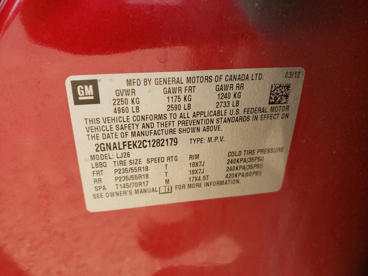 2012 Chevrolet Equinox Ltz VIN: 2GNALFEK2C1282179 Lot: 67777765