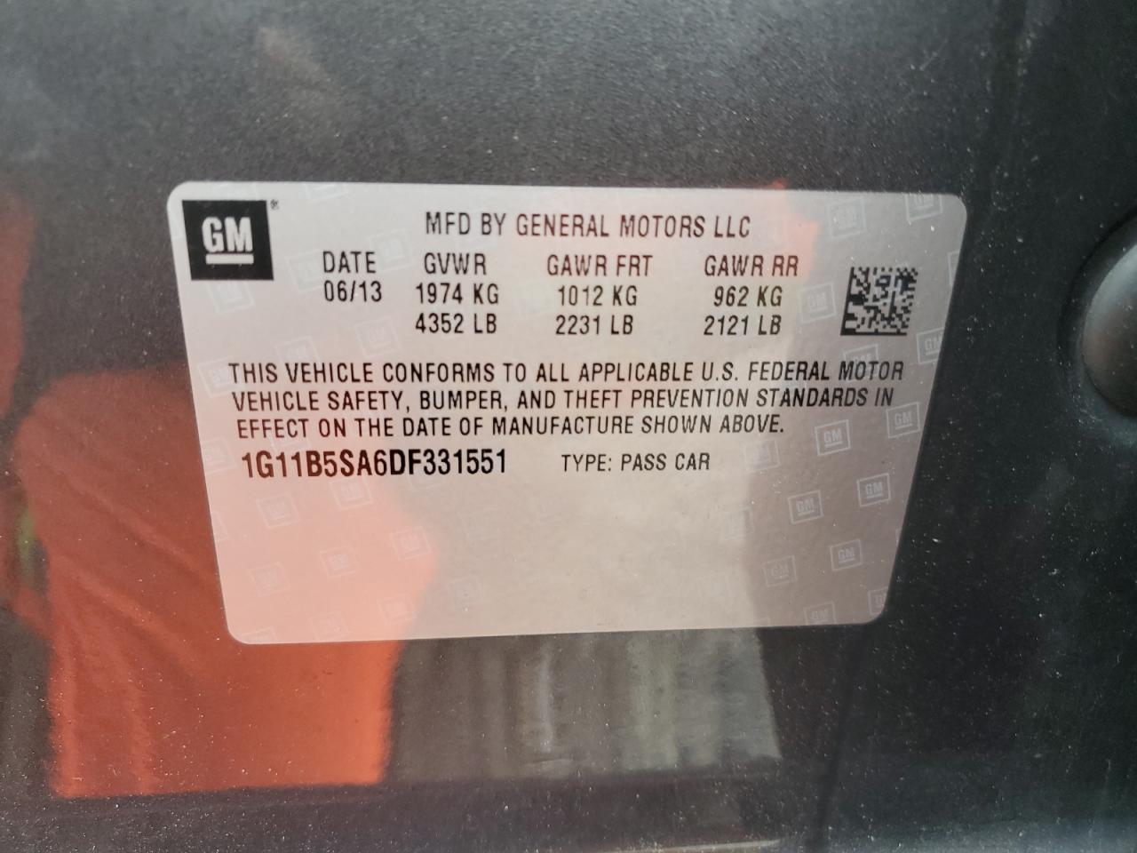 2013 Chevrolet Malibu Ls VIN: 1G11B5SA6DF331551 Lot: 69537935