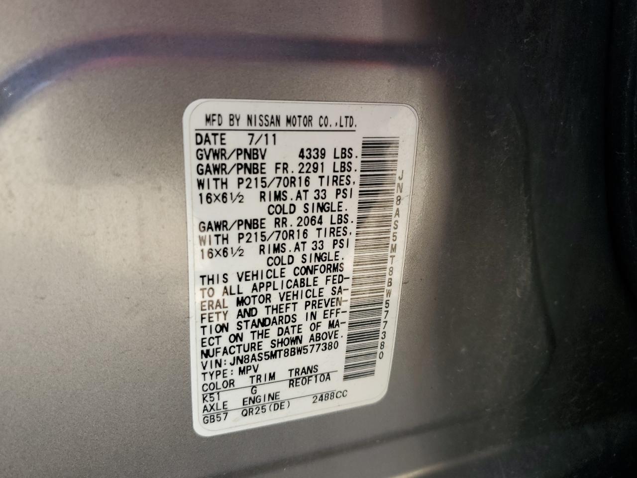 2011 Nissan Rogue S VIN: JN8AS5MT8BW577380 Lot: 70390535