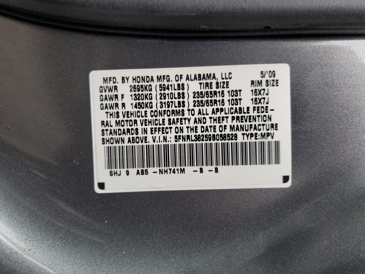 2009 Honda Odyssey Lx VIN: 5FNRL38259B058528 Lot: 69486755