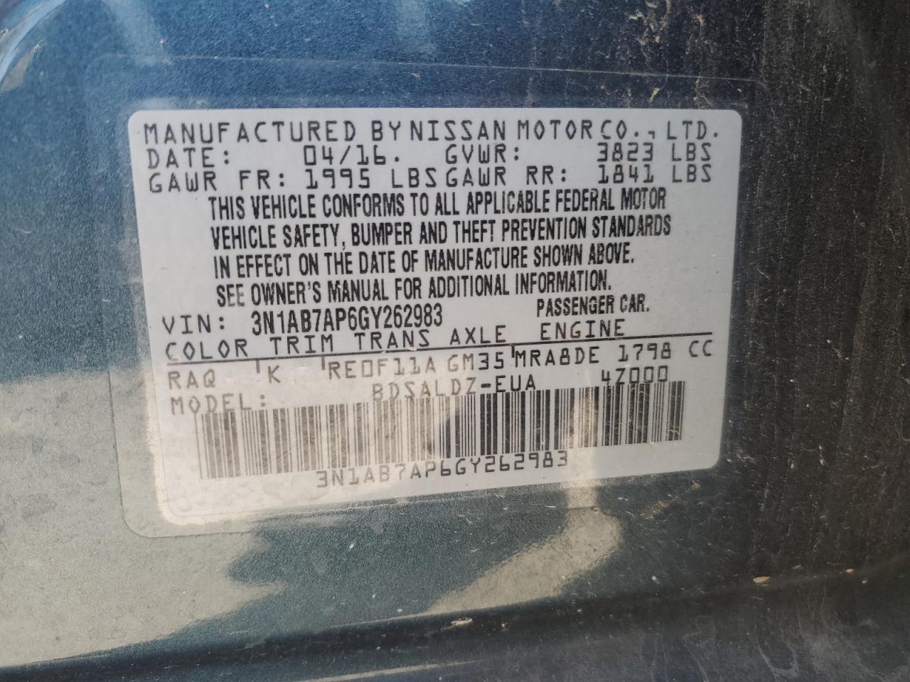 2016 Nissan Sentra S VIN: 3N1AB7AP6GY262983 Lot: 69310825