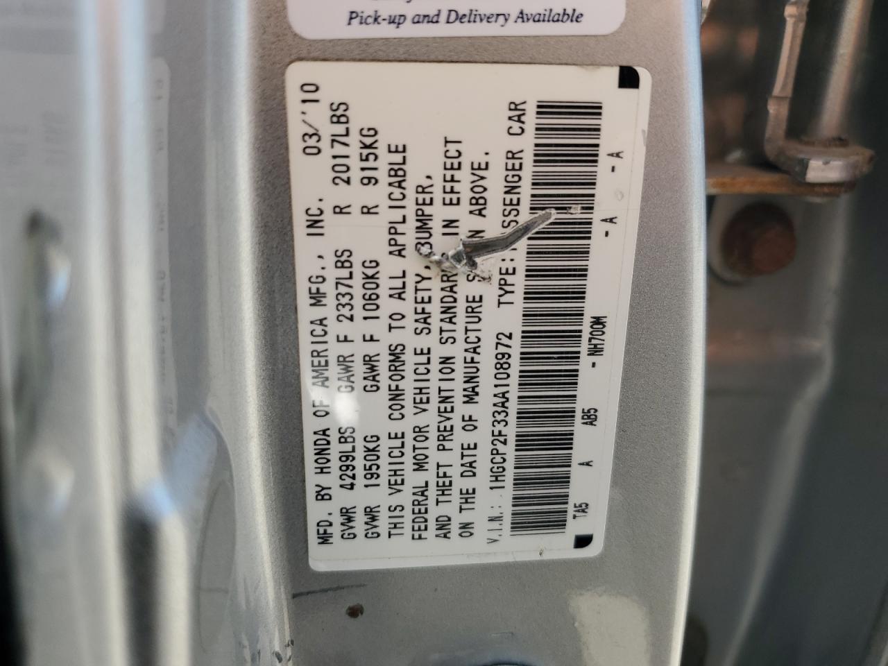 2010 Honda Accord Lx VIN: 1HGCP2F33AA108972 Lot: 68321115