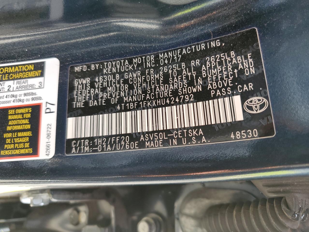 2017 Toyota Camry Le VIN: 4T1BF1FKXHU424792 Lot: 66830825