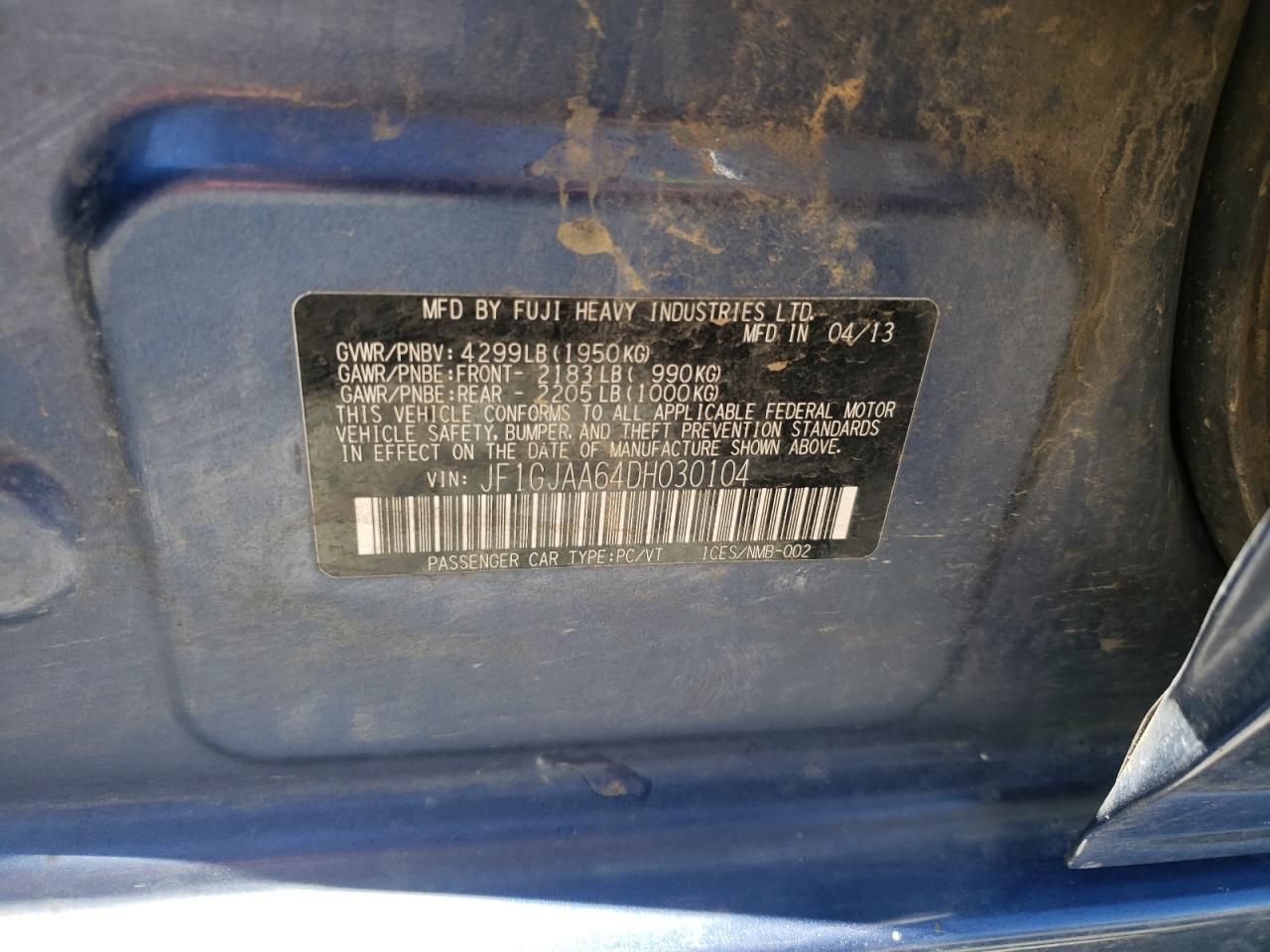 2013 Subaru Impreza VIN: JF1GJAA64DH030104 Lot: 68186335